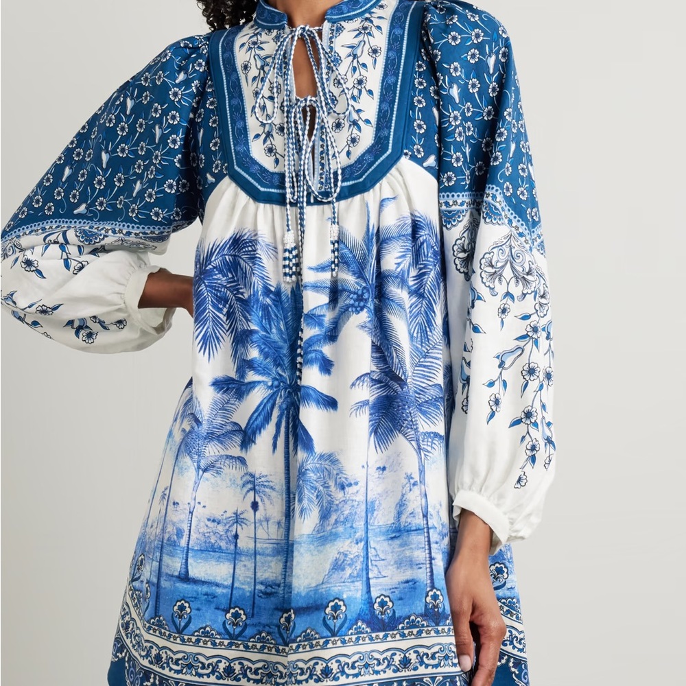 FARM RIO Palm Tree Beach Printed Linen-blend Mini Dress